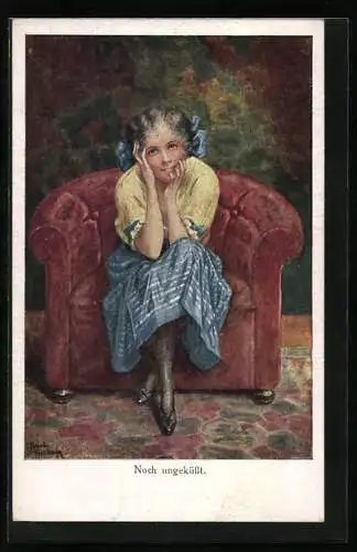 Künstler-AK Ruab Gnischaf: Noch Ungeküsst, junge Dame in einem roten Sessel