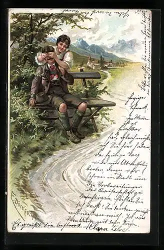 Künstler-AK E. Döcker: Frau hält einem Mann die Augen zu