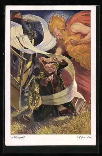 Künstler-AK sign. F. Elssner:Rübezahl hält den im Wagen kommenden Kaufmann an und zwingt ihn sein Geld dem Weber zu geben