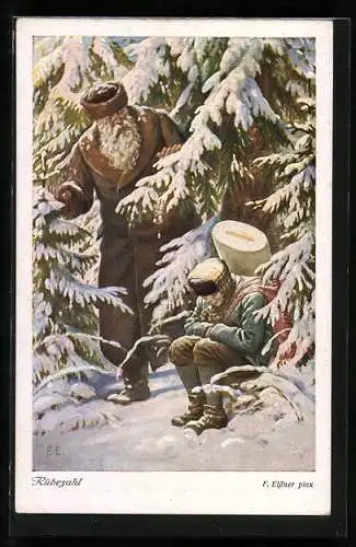 Künstler-AK Felix Elssner: Rübezahl schaut auf den im Schnee sitzenden Jungen
