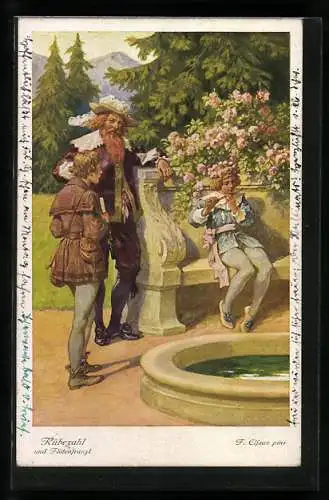 Künstler-AK sign. F. Elssner: Rübezahl und der Flötenfranzl mit goldener Flöte am Brunnen
