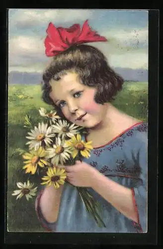Künstler-AK Elly Frank: Mädchen mit Schleife im Haar und Blumen in der Hand