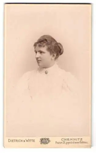 Fotografie Dietrich & Witte, Chemnitz, Poststrasse 31, Elegante Dame in hochgeschlossenem weissen Kleid