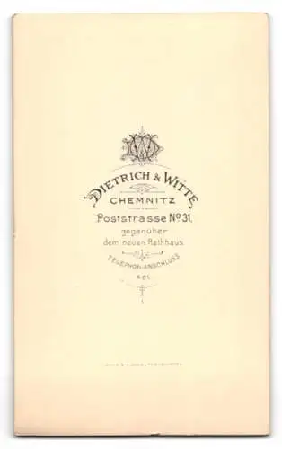 Fotografie Dietrich & Witte, Chemnitz, Poststrasse 31, Elegante Dame in hochgeschlossenem weissen Kleid