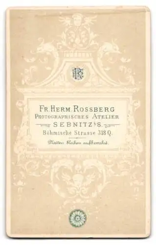 Fotografie Fr. Herm. Rossberg, Sebnitz i. Sa., Böhmische Strasse 318, Mädchen in hellem Kleid mit Schleife am Kragen