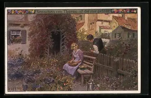 Künstler-AK P. Hey, Volksliederkarte Nr.: 49, Ännchen von Tharau ist die mir gefällt, Nachbar am Zaun mit Frau