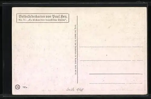 Künstler-AK P. Hey, Volksliederkarte Nr.71: Es blicken drei freundliche Sterne, gesellige Runde