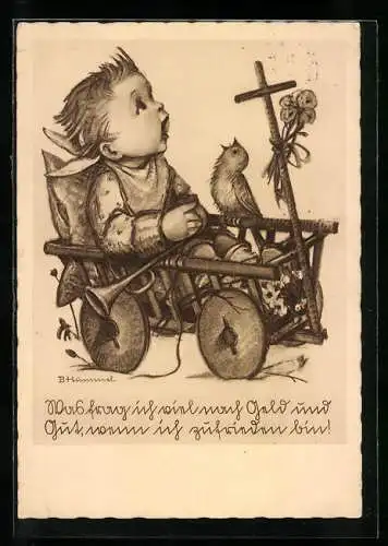 Künstler-AK Hummel: Kleiner Junge im Handwagen mit Vogel schauen gen Himmel