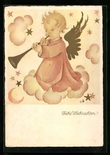 Künstler-AK Hummel: Weihnachtsengel mit Fanfare, Weihnachtsgruss