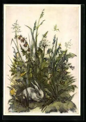 Künstler-AK Hummel: Häslein im Grünen