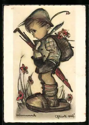 Künstler-AK Hummel: Glück auf, Junge geht auf Wanderschaft