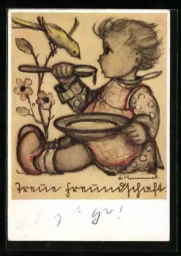 Künstler-AK Hummel: Niedliches Mädchen beim Brei essen, von einem kleinen Vogel beäugt