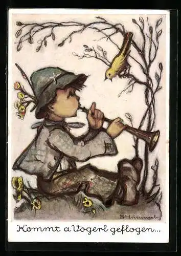 Künstler-AK Hummel: Junge spielt Flöte, Vogel im Baum