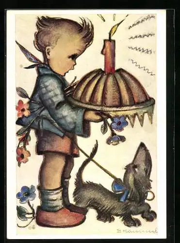 Künstler-AK Hummel: Kleiner Junge mit Hund und Geburtstagstorte - Und viele, viele Jahre noch !