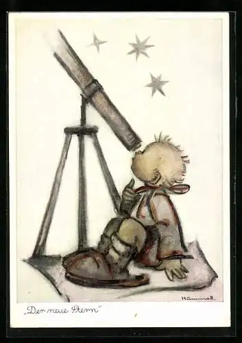 Künstler-AK Hummel: Knabe blickt durch Teleskop