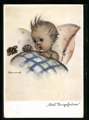 Künstler-AK Hummel: Das Ungeheuer - Kleines Kind im Bett beobachtet eine Biene