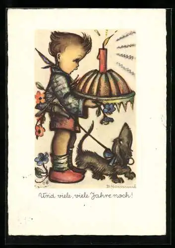 Künstler-AK Hummel: Junge mit Kuchen und Dackel