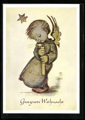 Künstler-AK Hummel: Engel hält eine Kerze in den Händen