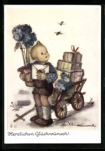 Künstler-AK Hummel: Kind mit Handwagen voller Geschenke, Brief, Blumentopf, Hummeln