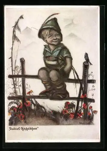 Künstler-AK Hummel: Vater's G'scheitster, Junge auf einem Zaun, Vogel