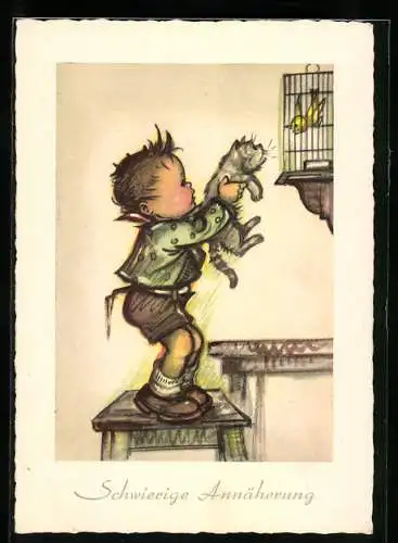 Künstler-AK Hummel: Schwierige Annäherung, Junge hält Katze an den Vogelkäfig