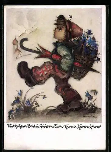 Künstler-AK Hummel: Wanderbursche mit Blumen und Schirm