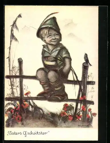 Künstler-AK Hummel: Vater's G'scheitster, Junge auf einem Zaun, Vogel