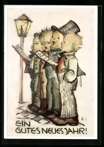 Künstler-AK Hummel: Kleine niedliche Jungen singend zum Neujahrsfest