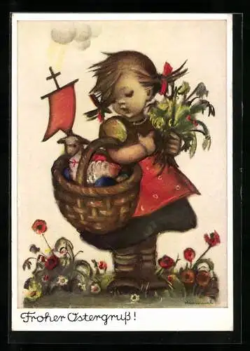 Künstler-AK Hummel: Süsses Mädchen mit Korb, Lämmchen und Blumenstrauss