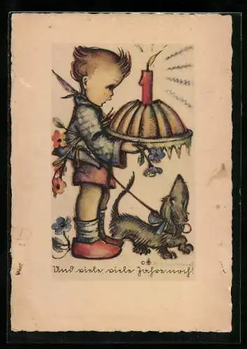 Künstler-AK Hummel: Kleiner Junge mit Hund und Geburtstagstorte - Und viele, viele Jahre noch !