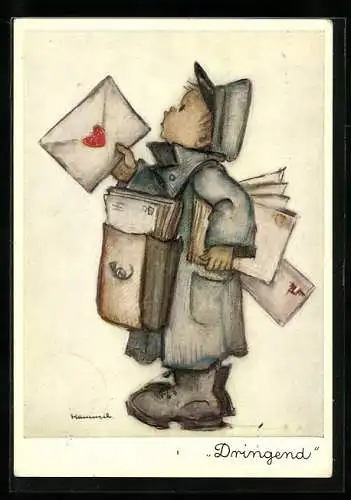 Künstler-AK Hummel: Briefträger mit Briefen und Brieftasche überbringt eine dringende Botschaft