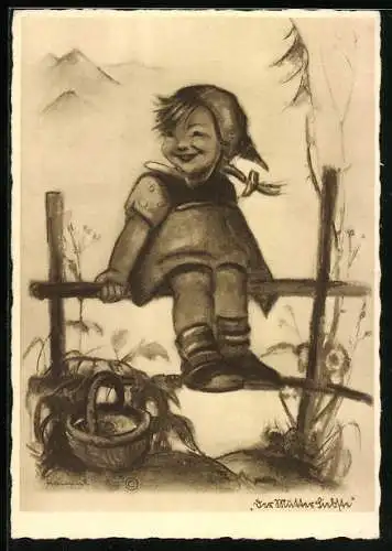 Künstler-AK Hummel: Mädchen sitzt auf dem Zaun