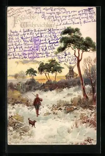 Künstler-AK Theo Stroefer Serie XXXXVII: Jäger mit Hund in verschneitem Wald, Weihnachtsgruss