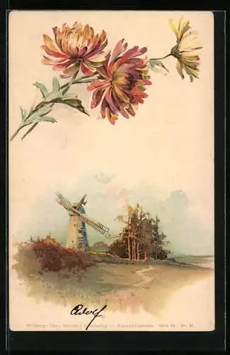 Künstler-AK Theo Stroefer Serie 86 Nr. II: Windmühle im Abendlicht unter Chrysanthemen
