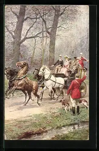Künstler-AK Jäger mit Jagdhunden grüsst Herrschaften in einer Kutsche