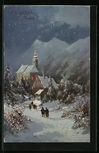 Künstler-AK Theo Stroefer Serie 1550: Kirche mit Winterlandschaft bei Nacht, Neujahrsgruss