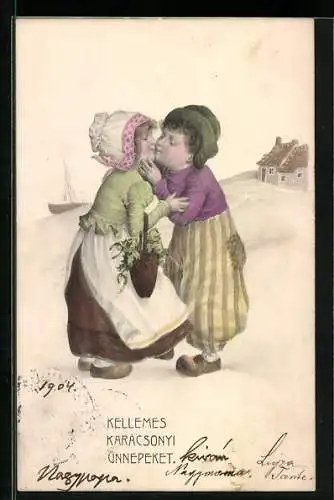 Künstler-AK R. Kratky: Kinder geben sich einen Kuss