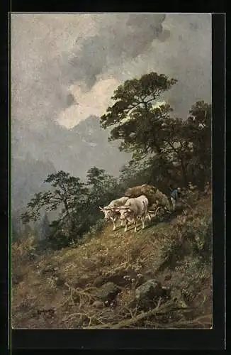 Künstler-AK Theo Stroefer Serie 1325: Bauer und Ochsenkarren am Waldrand