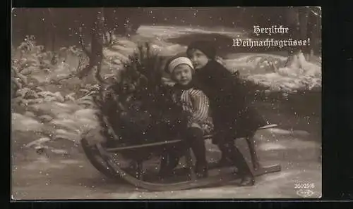 Foto-AK BNK Nr. 35029 /6: Kinder auf Schlitten im Winterwald mit Weihnachtsgrüssen