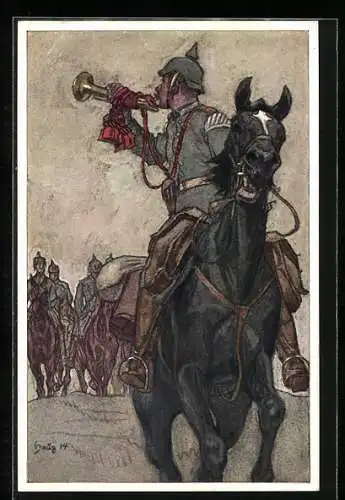 Künstler-AK sign. Haug: Soldat mit Blasinstrument auf gallopierendem Pferd