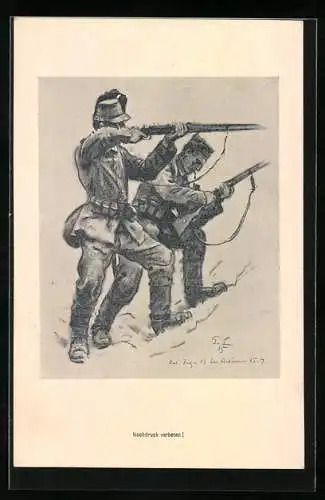 Künstler-AK Soldaten der Infanterie beim Laden ihrer Gewehre