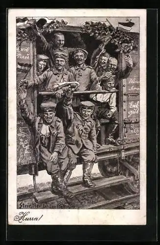Künstler-AK Strieffler: Hurra, Soldaten im Eisenbahnwaggon jubeln