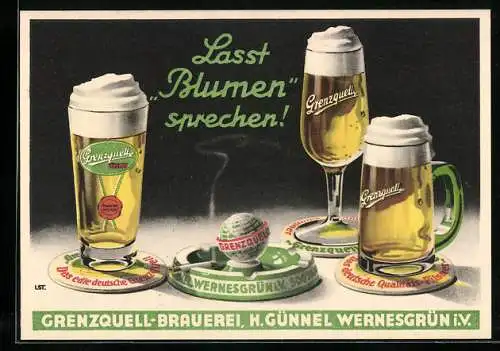 AK Werbung der Grenzquell-Brauerei, verschiedene Arten von Biergläsern