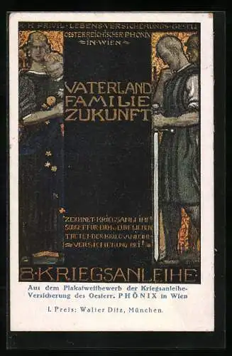 Künstler-AK Propaganda 1. Weltkrieg, Österreichischer Phönix in Wien, 8. Kriegsanleihe, Vaterland, Familie, Zukunft