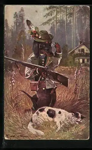 Künstler-AK M. Müller jun.: Dackel-Jäger hat eine Katze zur Strecke gebracht