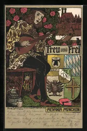 Künstler-AK Ferdinand Spiegel: Treu und Frei, Wappen Aenania München