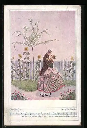 Künstler-AK Mela Köhler, Deutscher Schulverein Nr. 1225: Liebespaar im Garten mit Sonnenblumen