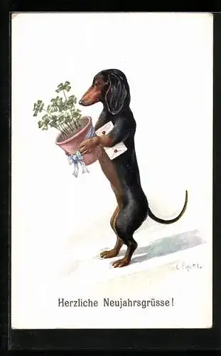 Künstler-AK C.Öhler: Neujahr, Stehender Dackel hält Blumentopf mit vierblättrigen Kleeblättern und Brief in den Pfoten