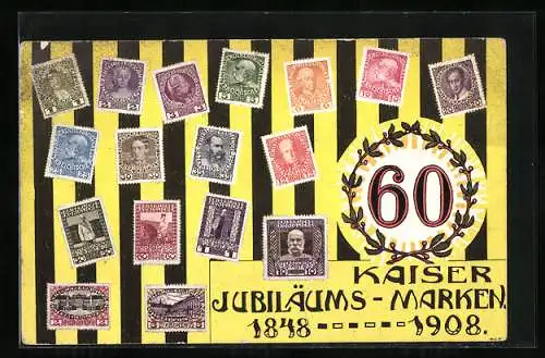 AK Briefmarken zum 60. Jubiläum von Kaiser Franz Josef I. von Österreich