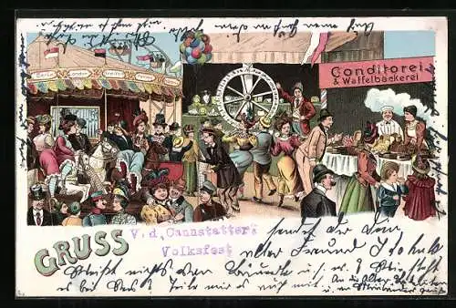 Lithographie Cannstatt, Volksfest, Conditorei & Waffelbäckerei, Glücksrad